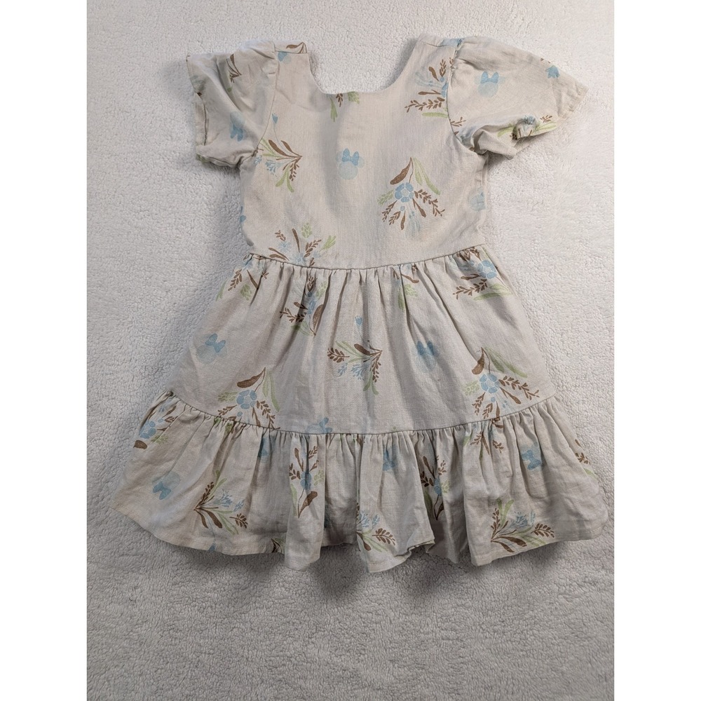 Disney Junior Minnie Mouse Floral Linen‎ Blend Dress Back Cutout Beige Size 2T